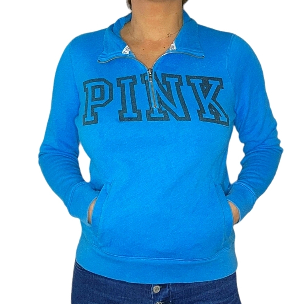 Pink by VS Quarter Zip Pullover Sweater Size Small Blue Long Sleeve